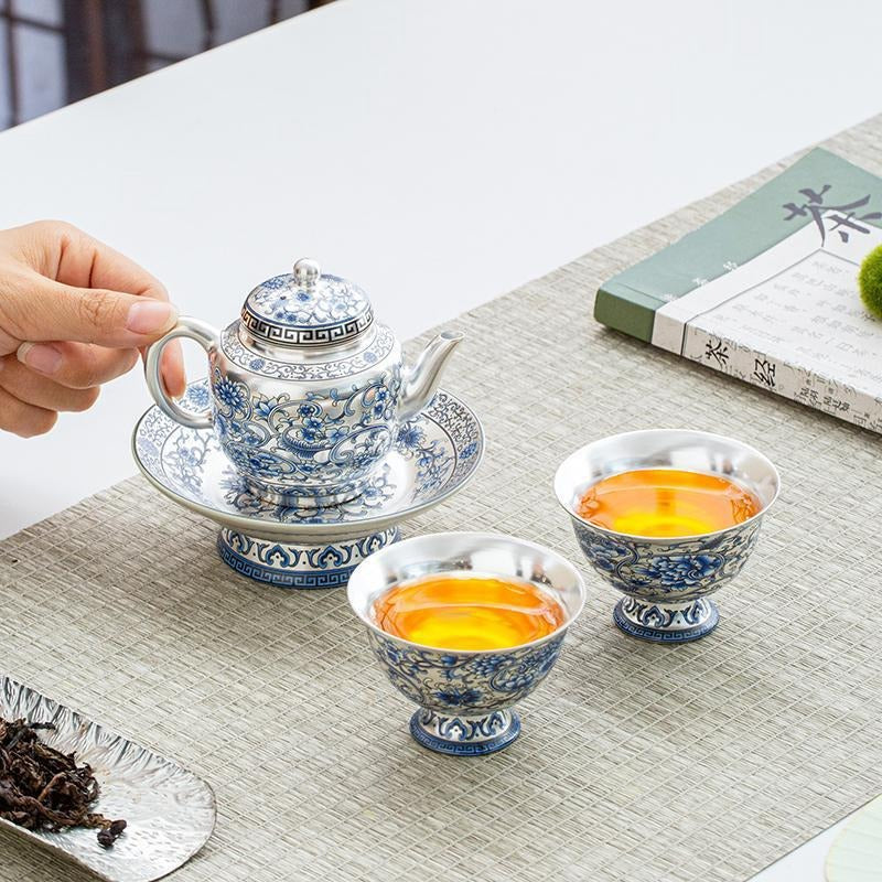 Hand-painted "Intertwining Lotus" Palace Lantern-style Teapot and Cup Set: Premium Porcelain Body with Silver Gilt Accents – Home Gongfu Tea Set