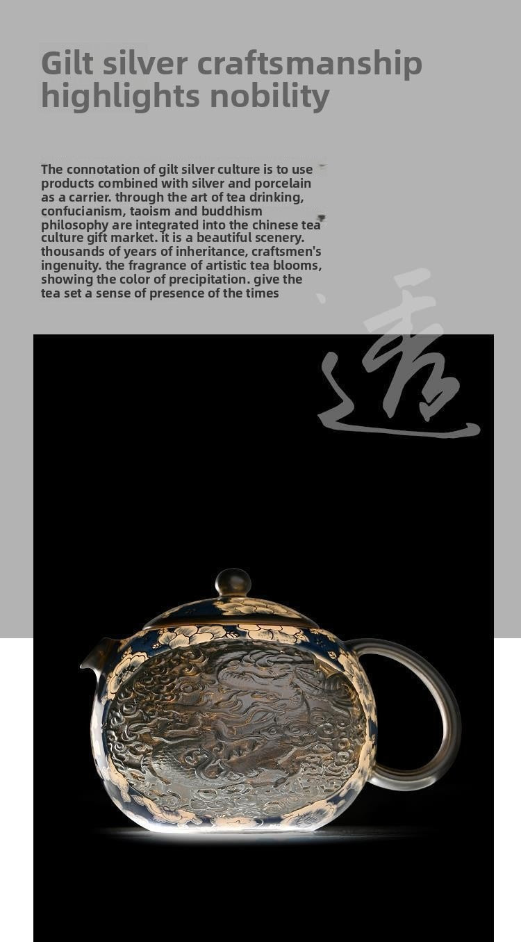 Handcrafted silver "Xishi" style teapot featuring dragon and phoenix relief, blue-and-white accents, and silver gilding; a premium Gongfu tea vessel for home use.