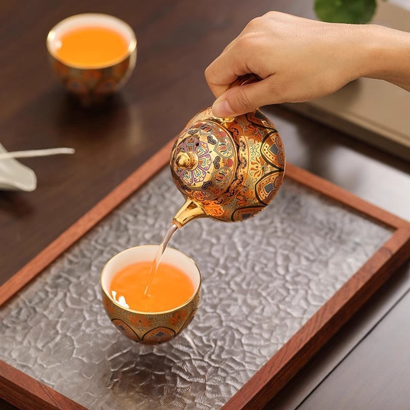 Premium Artisan-Crafted Tea Set (One Pot, Two Cups) Featuring Gilded Forbidden City & Dunhuang Cultural Motifs – Gift Box Set (Ideal Birthday Gift for Fathers or Elders)