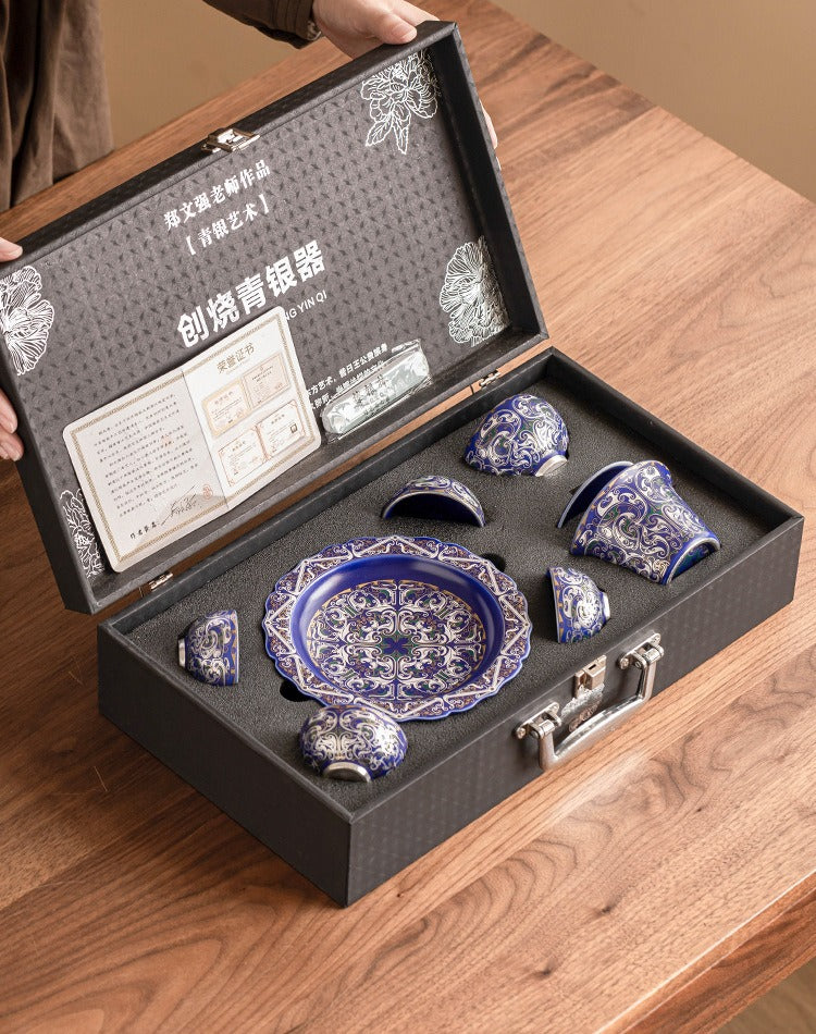 Silver-Plated Auspicious Dragon Kung Fu Tea Set – Premium, Affordable Luxury Style (Blue & Silver Finish) – Includes Gaiwan and Tea Cups – Gift Box – Ideal for Elders