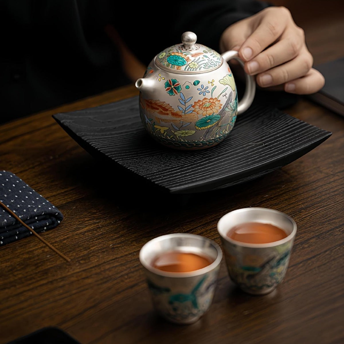 Silver-Gilt Enamel Kung Fu Tea Set (Fish and Aquatic Plant Motif) – 1 Teapot & 2 Cups – Gift Box Set for Home or Office