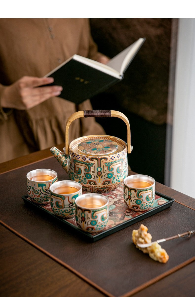 Exquisite Ceramic Gongfu Tea Set with Silver-Plated Taotie Patterns – Elegant, Practical, and Retro-Style Chinese Tea Set for Home Use