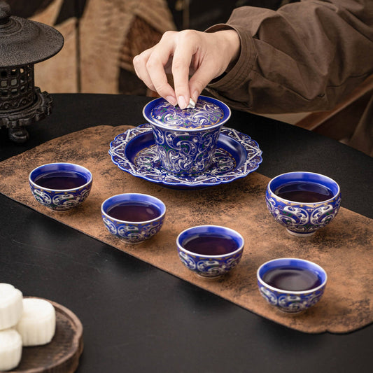 Silver-Plated Auspicious Dragon Kung Fu Tea Set – Premium, Affordable Luxury Style (Blue & Silver Finish) – Includes Gaiwan and Tea Cups – Gift Box – Ideal for Elders