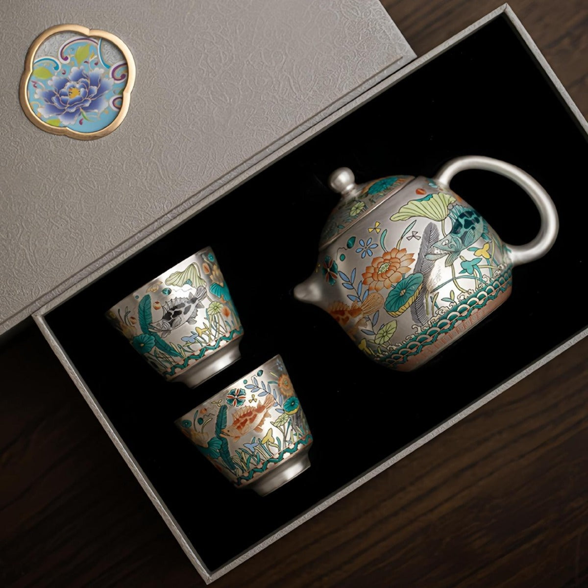 Silver-Gilt Enamel Kung Fu Tea Set (Fish and Aquatic Plant Motif) – 1 Teapot & 2 Cups – Gift Box Set for Home or Office