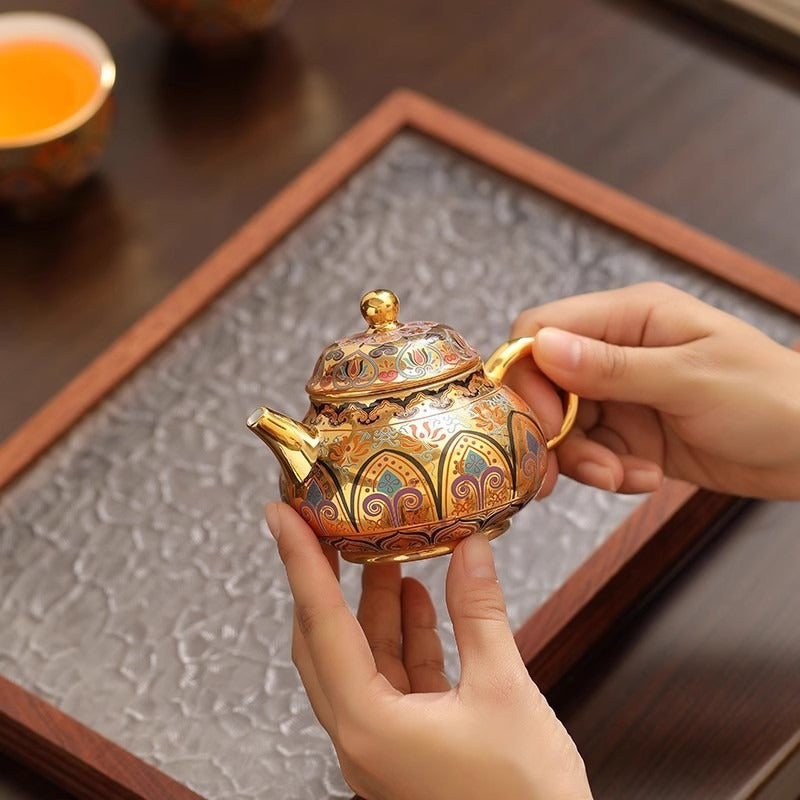 Premium Artisan-Crafted Tea Set (One Pot, Two Cups) Featuring Gilded Forbidden City & Dunhuang Cultural Motifs – Gift Box Set (Ideal Birthday Gift for Fathers or Elders)