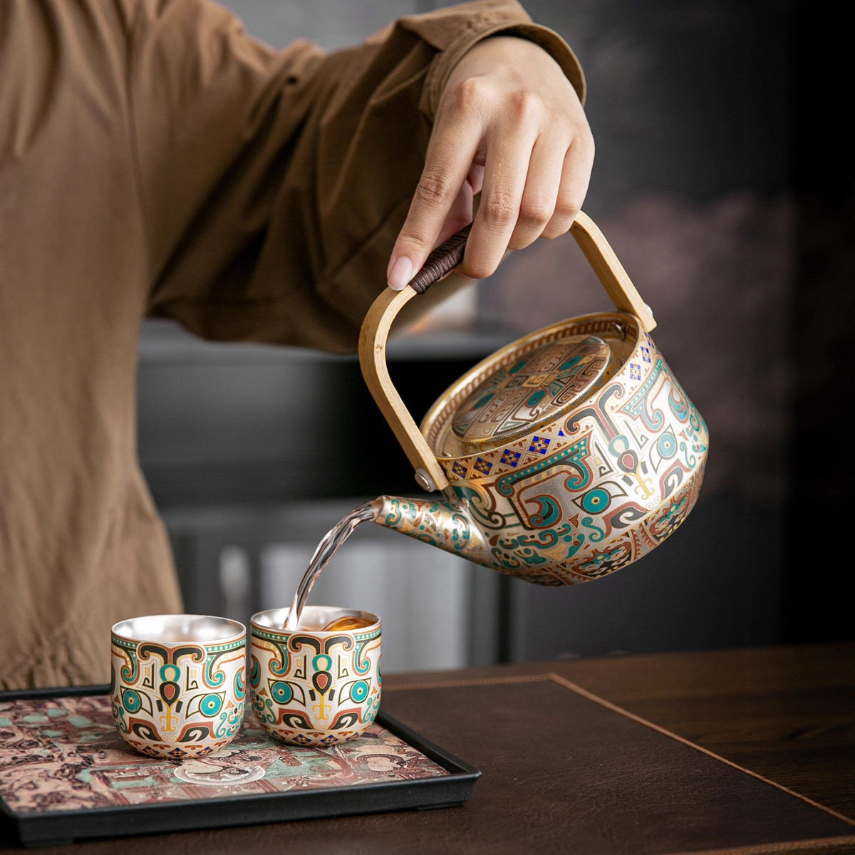 Exquisite Ceramic Gongfu Tea Set with Silver-Plated Taotie Patterns – Elegant, Practical, and Retro-Style Chinese Tea Set for Home Use