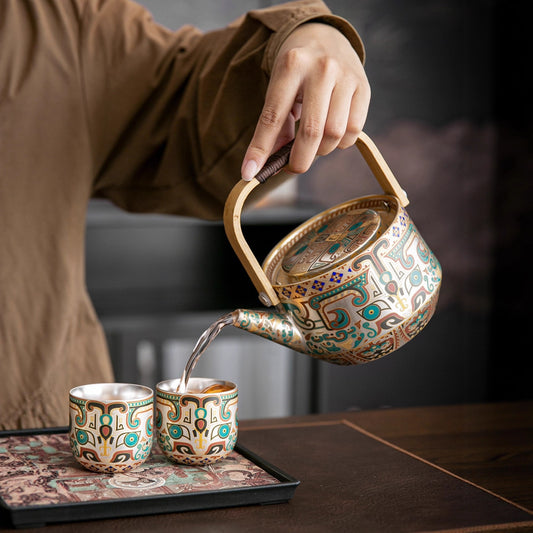 Exquisite Ceramic Gongfu Tea Set with Silver-Plated Taotie Patterns – Elegant, Practical, and Retro-Style Chinese Tea Set for Home Use