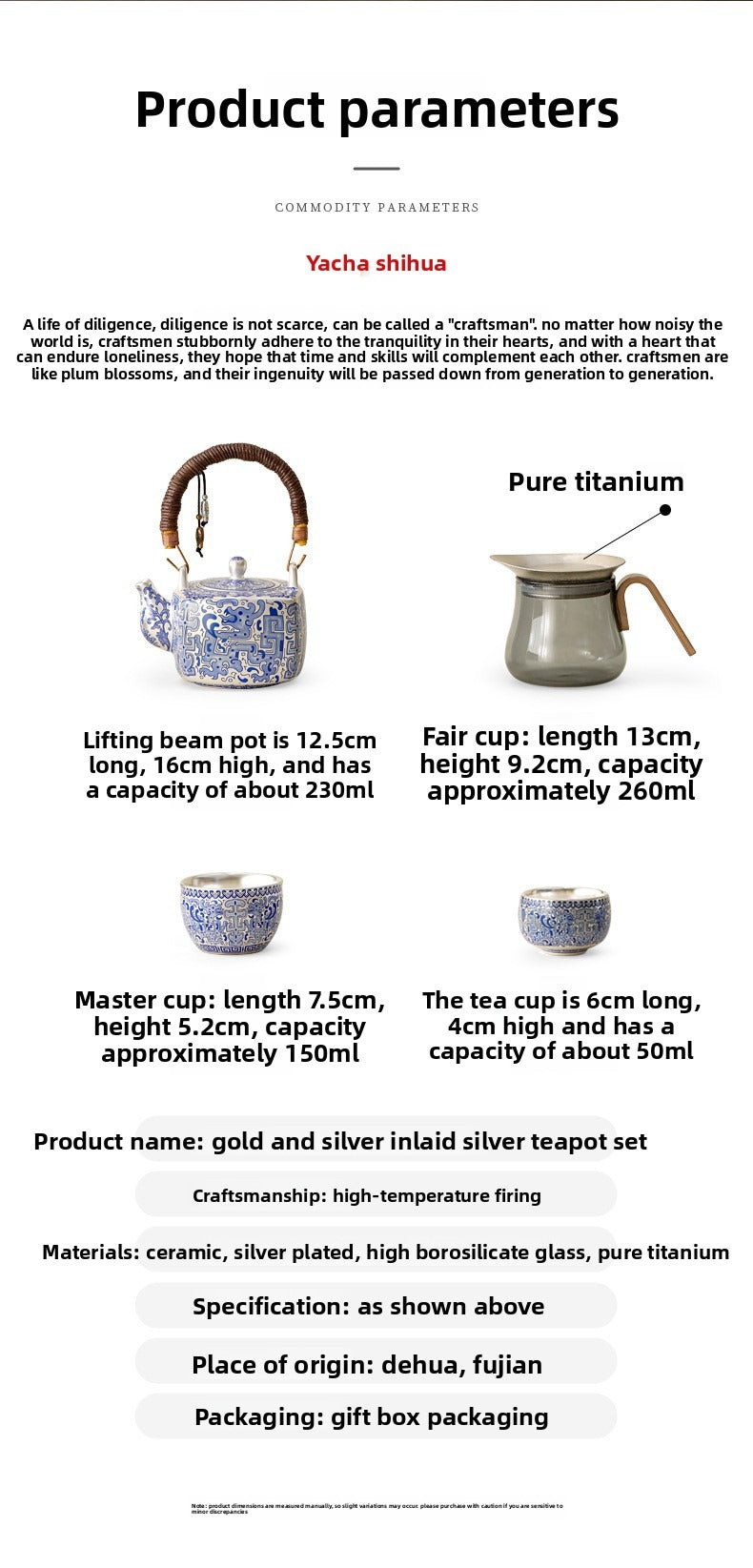 Handcrafted Blue-and-White Porcelain and Silver-Gilt Tea Set Gift Box – Premium Silver Kettle with Swing Handle – Ideal for Corporate Business Meetings and Events
