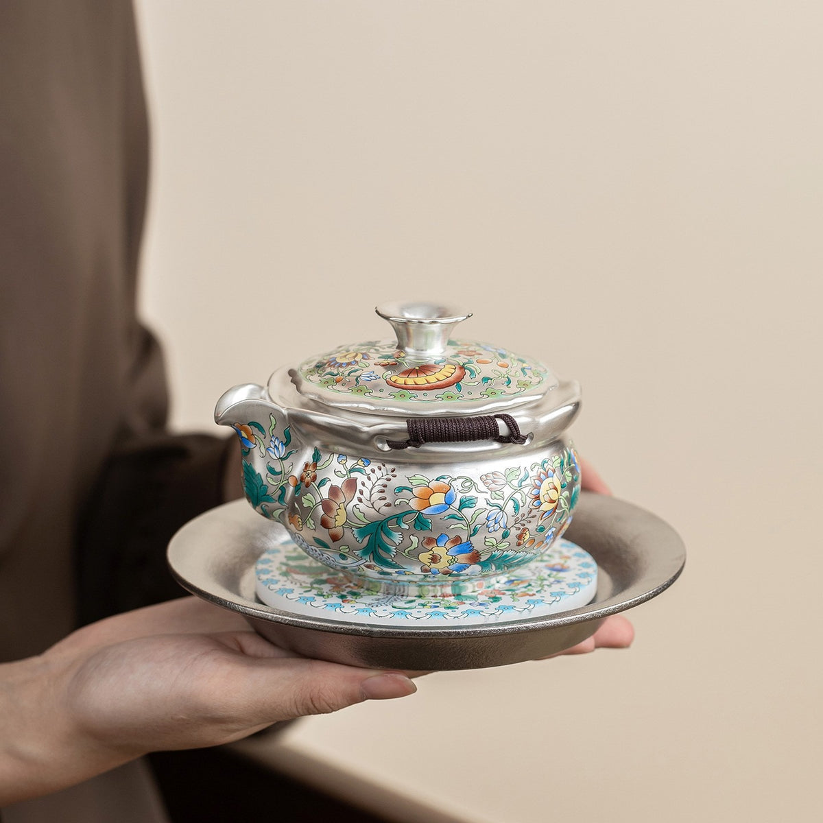 Forbidden City & Dunhuang-Inspired Silver-Plated Kung Fu Tea Set (1 Pot, 4 Cups) – Premium Gift for Elders or Teachers