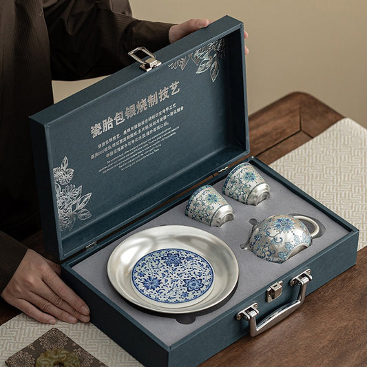 Silver-Plated Ceramic Gongfu Tea Set (1 Pot, 2 Cups) – Gift Box Set Suitable for Elders, Superiors, Fathers, and Teachers