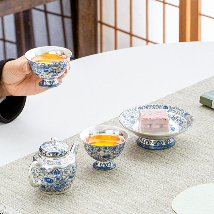 Hand-painted "Intertwining Lotus" Palace Lantern-style Teapot and Cup Set: Premium Porcelain Body with Silver Gilt Accents – Home Gongfu Tea Set