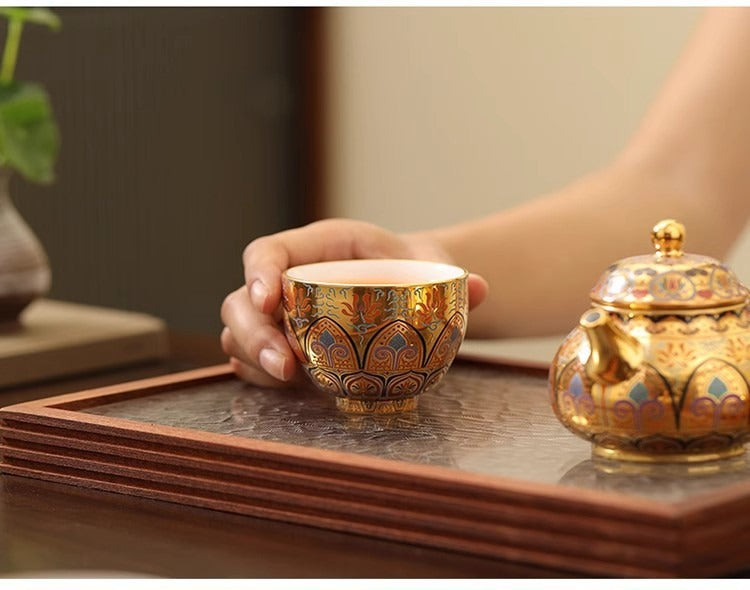Premium Artisan-Crafted Tea Set (One Pot, Two Cups) Featuring Gilded Forbidden City & Dunhuang Cultural Motifs – Gift Box Set (Ideal Birthday Gift for Fathers or Elders)