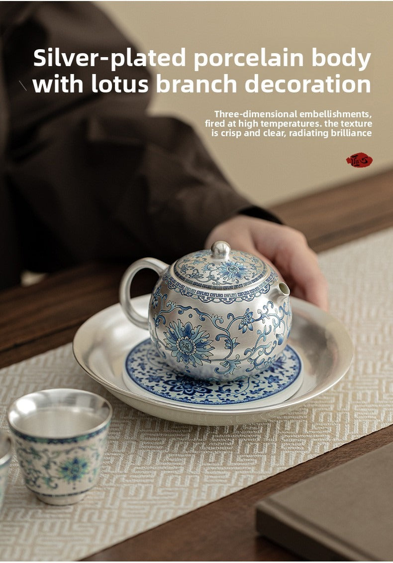 Silver-Plated Ceramic Gongfu Tea Set (1 Pot, 2 Cups) – Gift Box Set Suitable for Elders, Superiors, Fathers, and Teachers