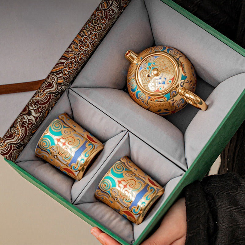 Artisan-Crafted Dunhuang-Inspired Gilded Tea Set (1 Teapot & 2 Cups) – Gift-Boxed Souvenir Set