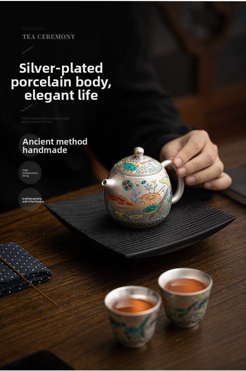 Silver-Gilt Enamel Kung Fu Tea Set (Fish and Aquatic Plant Motif) – 1 Teapot & 2 Cups – Gift Box Set for Home or Office