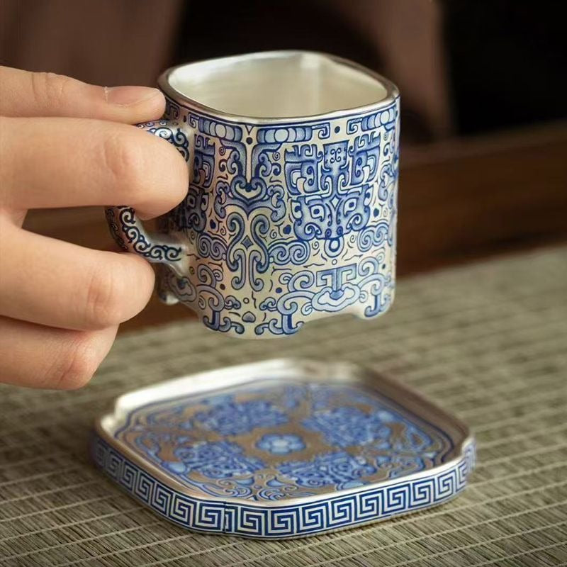 Premium Luxury Blue-and-White Tea Set (Gift Box): Square Pot with Silver-Gilt Taotie Motif and Two Cups – High-End Gongfu Tea Ware for Home Use