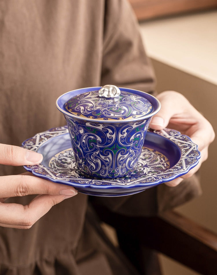 Silver-Plated Auspicious Dragon Kung Fu Tea Set – Premium, Affordable Luxury Style (Blue & Silver Finish) – Includes Gaiwan and Tea Cups – Gift Box – Ideal for Elders
