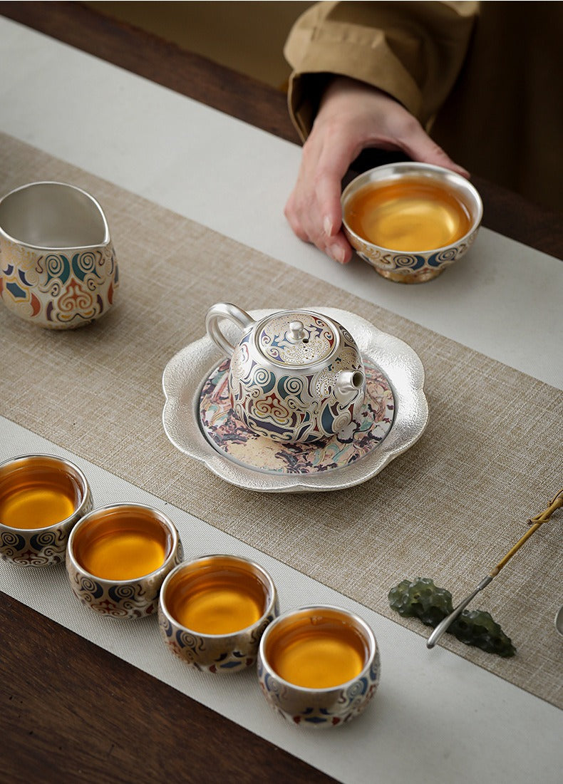 Chinese-Style "Forbidden City & Dunhuang" Themed Silver-Plated Kung Fu Tea Set – An Elegant Gift Set Featuring a Silver Pot; Ideal for Housewarmings or as a Gift for Superiors and Elders.
