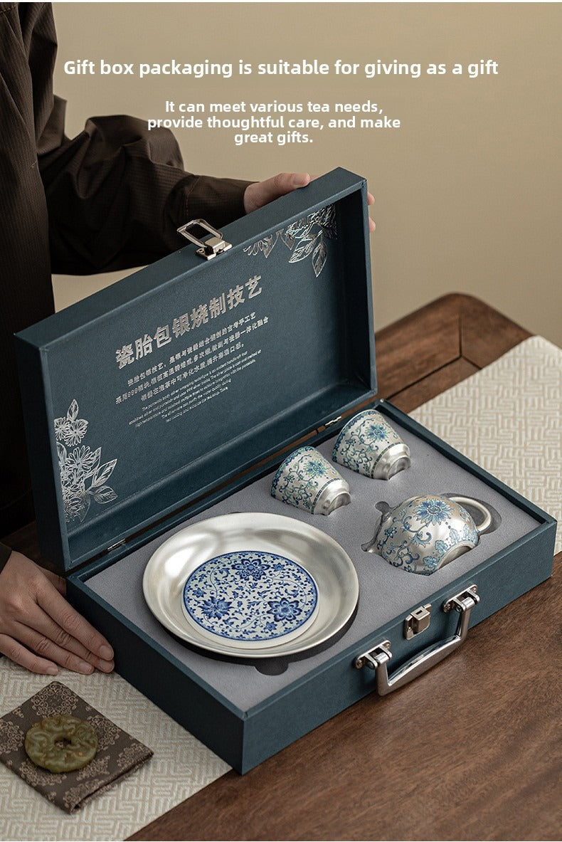 Silver-Plated Ceramic Gongfu Tea Set (1 Pot, 2 Cups) – Gift Box Set Suitable for Elders, Superiors, Fathers, and Teachers