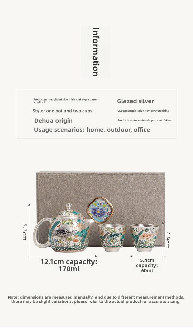 Silver-Gilt Enamel Kung Fu Tea Set (Fish and Aquatic Plant Motif) – 1 Teapot & 2 Cups – Gift Box Set for Home or Office