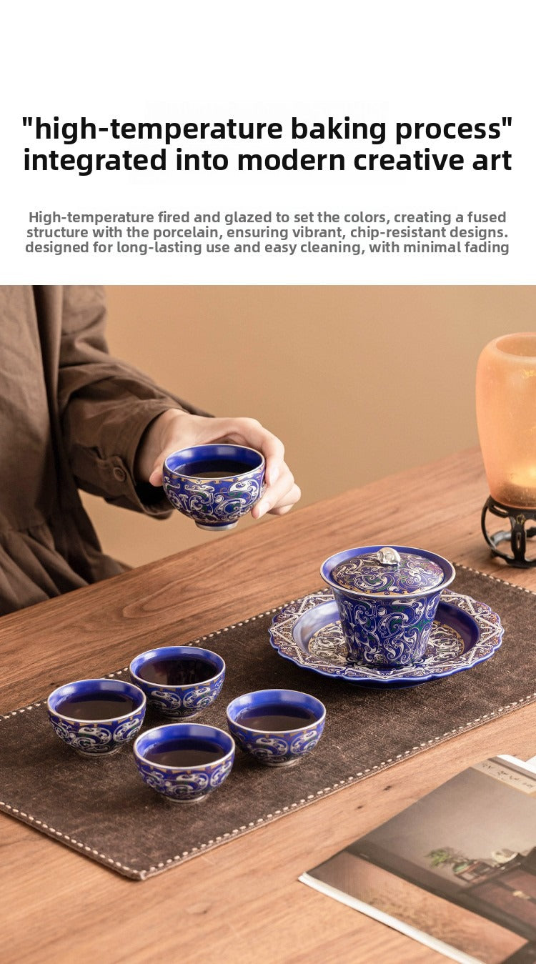 Silver-Plated Auspicious Dragon Kung Fu Tea Set – Premium, Affordable Luxury Style (Blue & Silver Finish) – Includes Gaiwan and Tea Cups – Gift Box – Ideal for Elders
