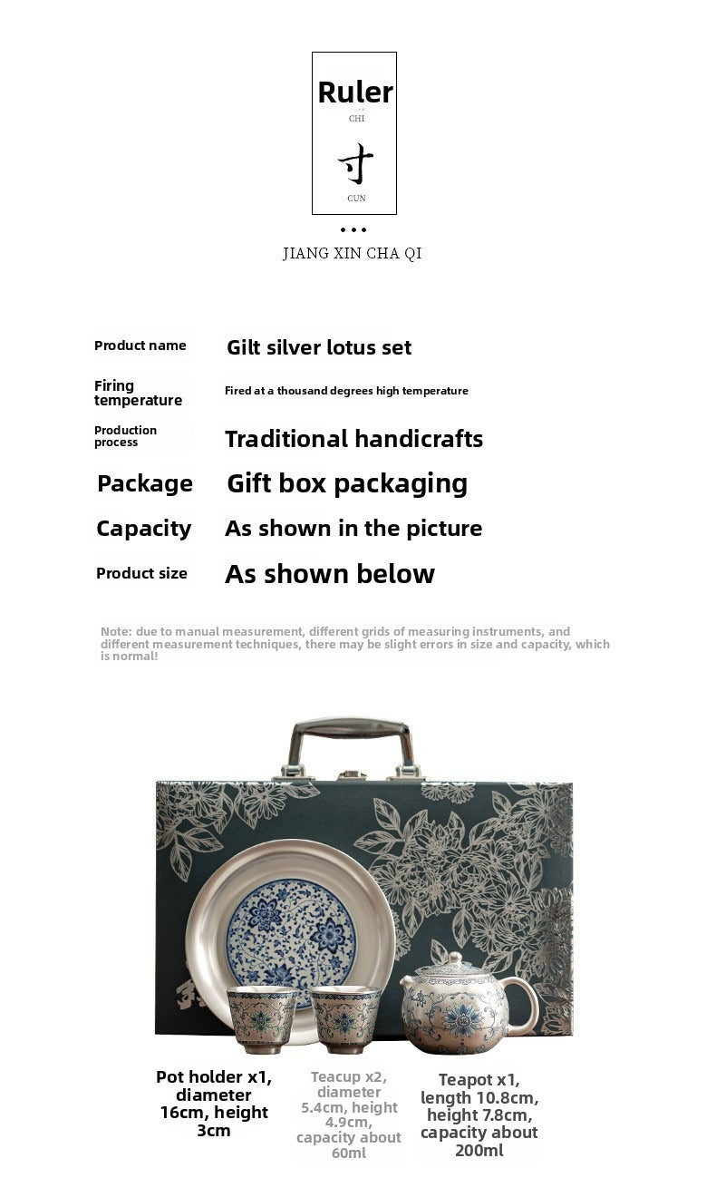 Silver-Plated Ceramic Gongfu Tea Set (1 Pot, 2 Cups) – Gift Box Set Suitable for Elders, Superiors, Fathers, and Teachers