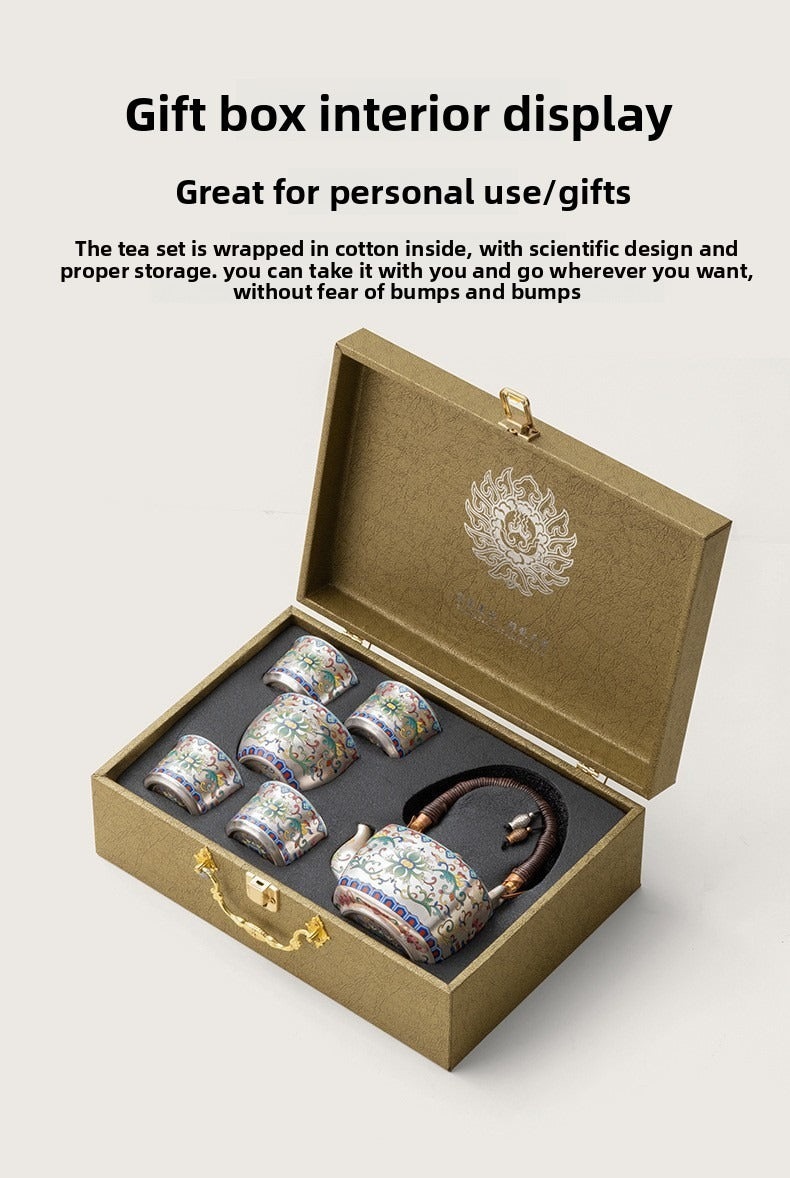 Premium Silver-Gilt Enamel Kung Fu Tea Set (1 Pot, 4 Cups) – Ideal Gift for Elders, Superiors, or Business Associates