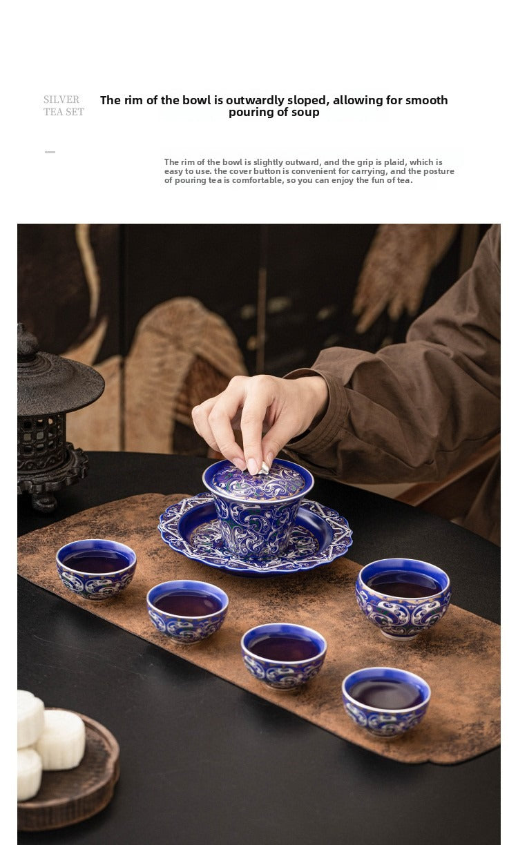 Silver-Plated Auspicious Dragon Kung Fu Tea Set – Premium, Affordable Luxury Style (Blue & Silver Finish) – Includes Gaiwan and Tea Cups – Gift Box – Ideal for Elders