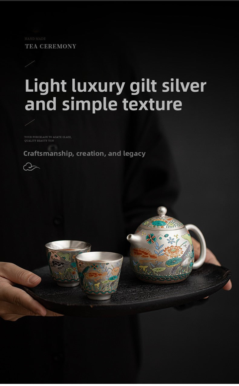 Silver-Gilt Enamel Kung Fu Tea Set (Fish and Aquatic Plant Motif) – 1 Teapot & 2 Cups – Gift Box Set for Home or Office