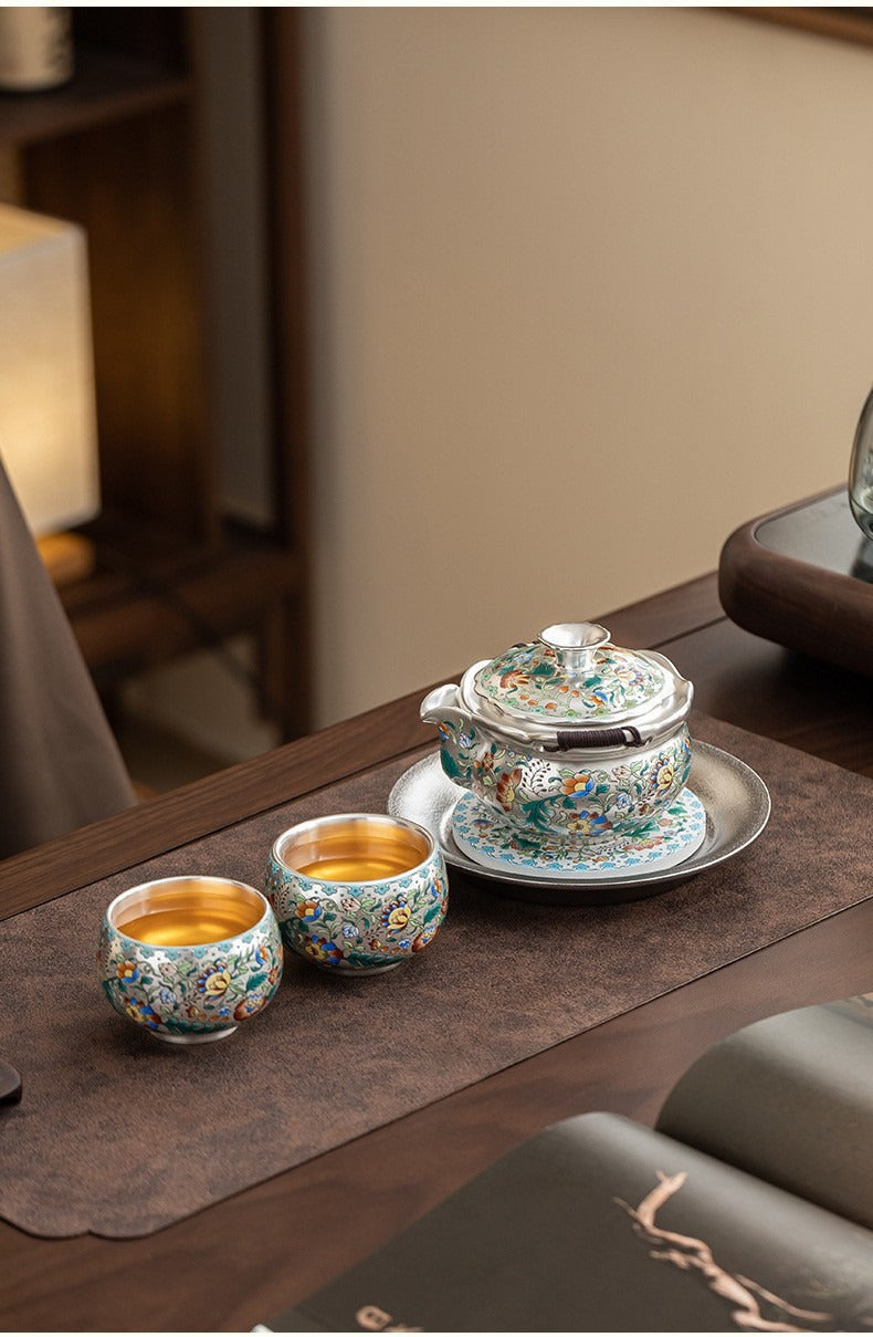 Forbidden City & Dunhuang-Inspired Silver-Plated Kung Fu Tea Set (1 Pot, 4 Cups) – Premium Gift for Elders or Teachers