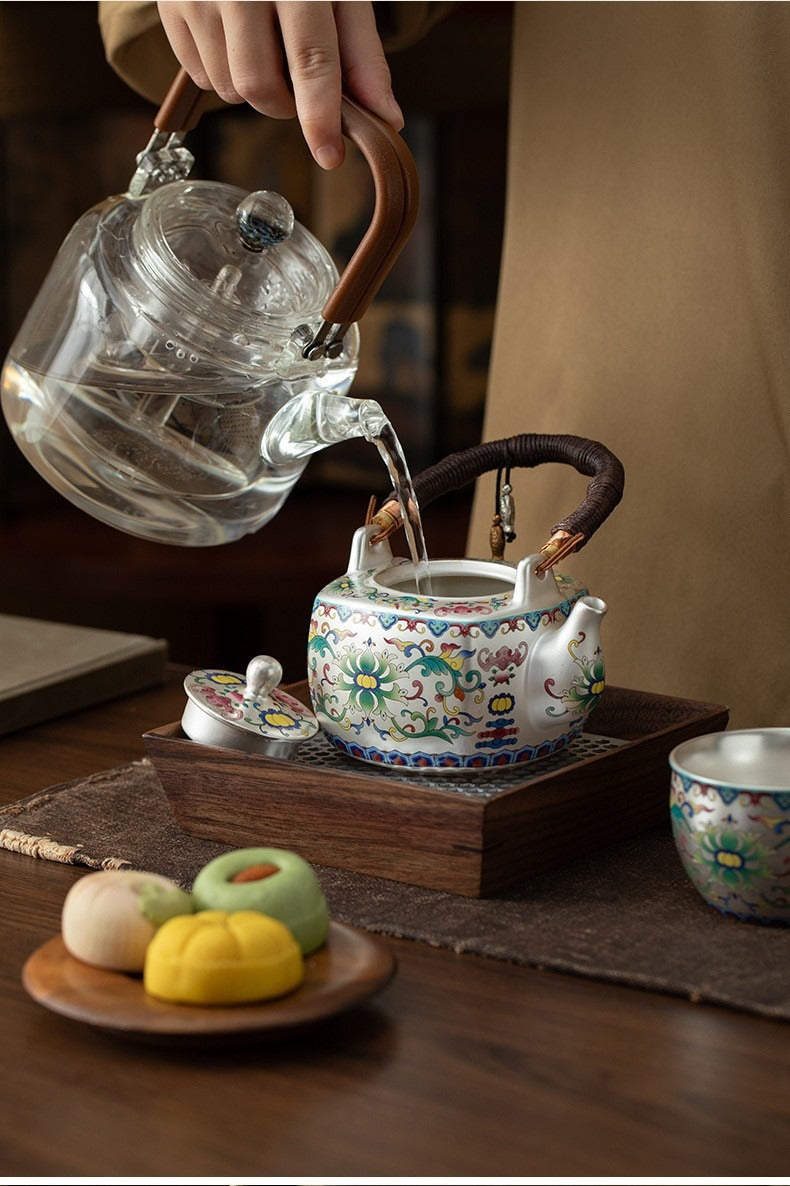 Premium Silver-Gilt Enamel Kung Fu Tea Set (1 Pot, 4 Cups) – Ideal Gift for Elders, Superiors, or Business Associates