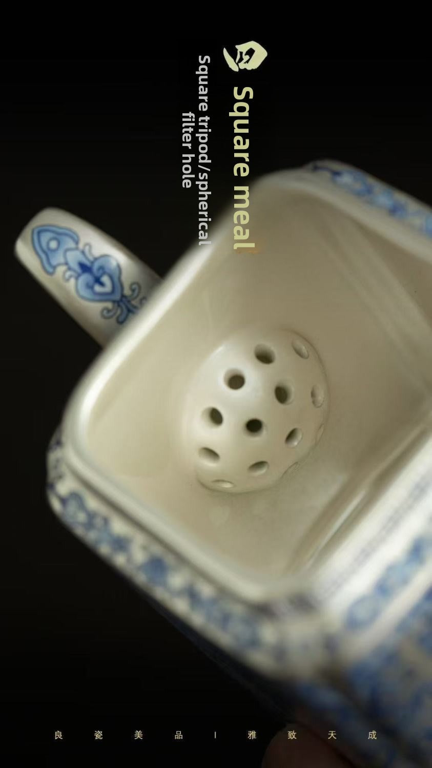 Premium Luxury Blue-and-White Tea Set (Gift Box): Square Pot with Silver-Gilt Taotie Motif and Two Cups – High-End Gongfu Tea Ware for Home Use