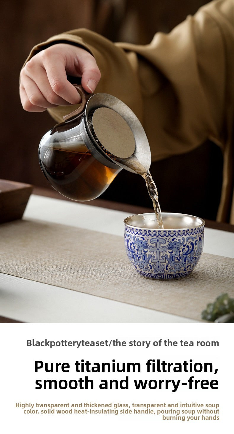 Handcrafted Blue-and-White Porcelain and Silver-Gilt Tea Set Gift Box – Premium Silver Kettle with Swing Handle – Ideal for Corporate Business Meetings and Events