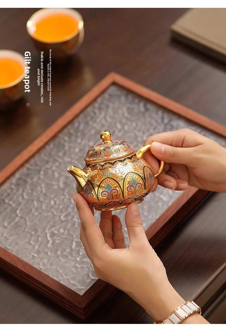 Premium Artisan-Crafted Tea Set (One Pot, Two Cups) Featuring Gilded Forbidden City & Dunhuang Cultural Motifs – Gift Box Set (Ideal Birthday Gift for Fathers or Elders)
