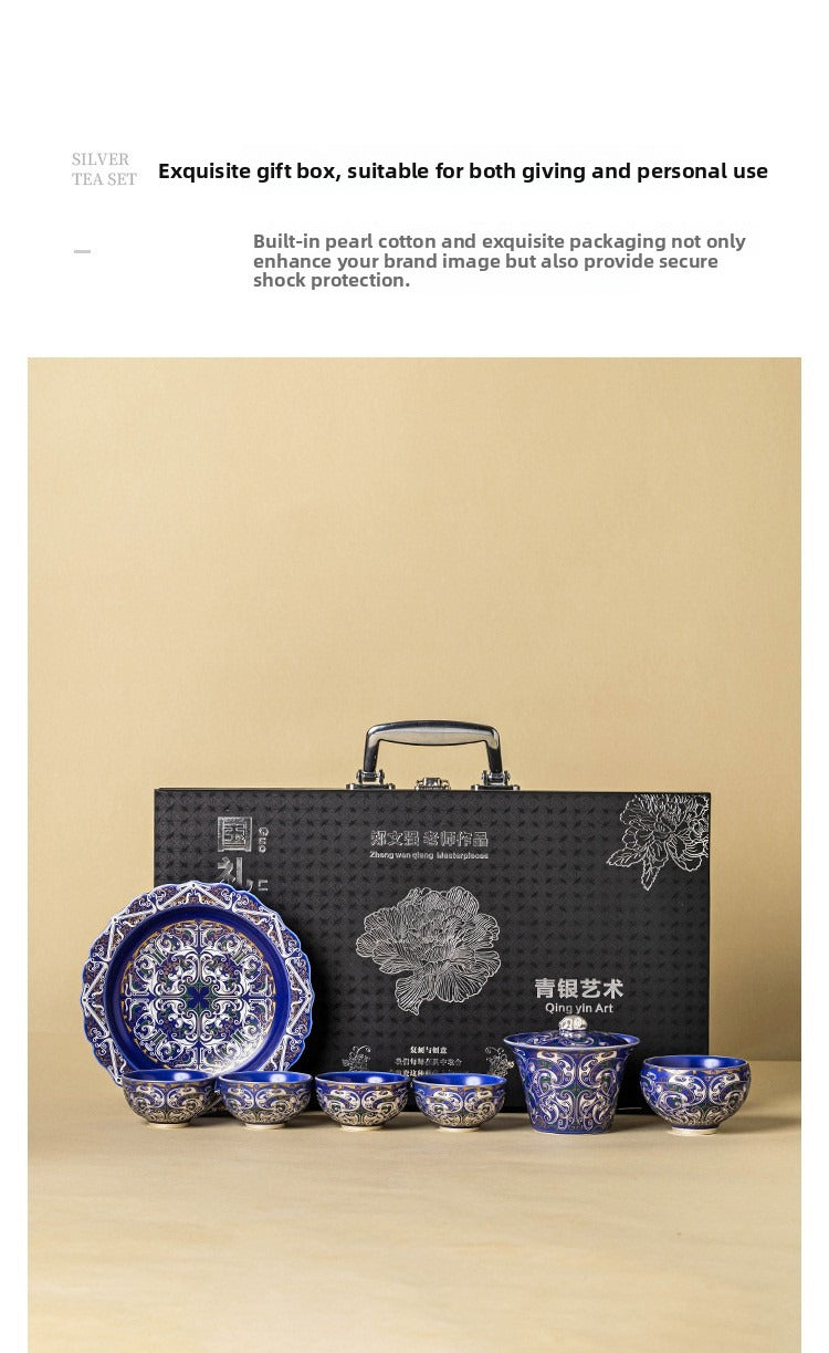 Silver-Plated Auspicious Dragon Kung Fu Tea Set – Premium, Affordable Luxury Style (Blue & Silver Finish) – Includes Gaiwan and Tea Cups – Gift Box – Ideal for Elders