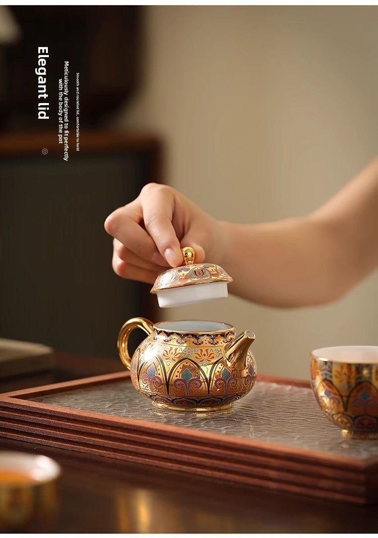 Premium Artisan-Crafted Tea Set (One Pot, Two Cups) Featuring Gilded Forbidden City & Dunhuang Cultural Motifs – Gift Box Set (Ideal Birthday Gift for Fathers or Elders)