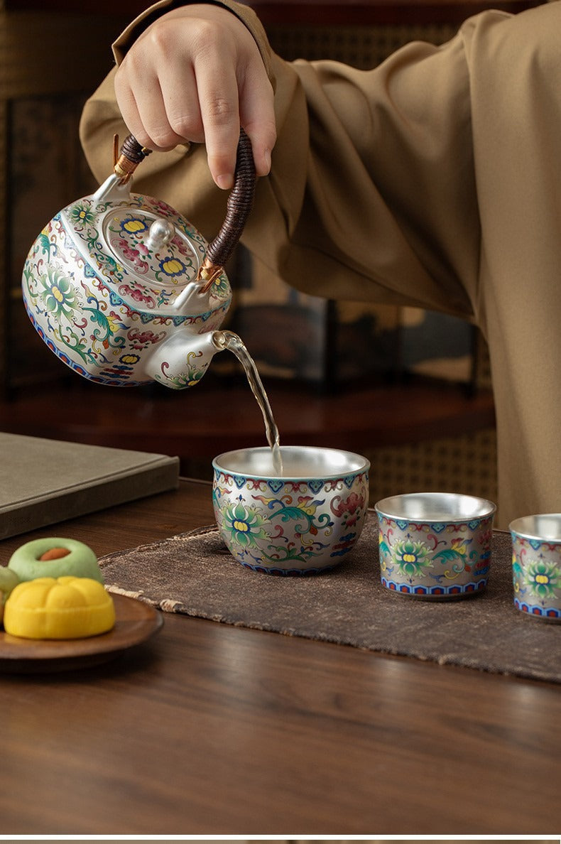 Premium Silver-Gilt Enamel Kung Fu Tea Set (1 Pot, 4 Cups) – Ideal Gift for Elders, Superiors, or Business Associates