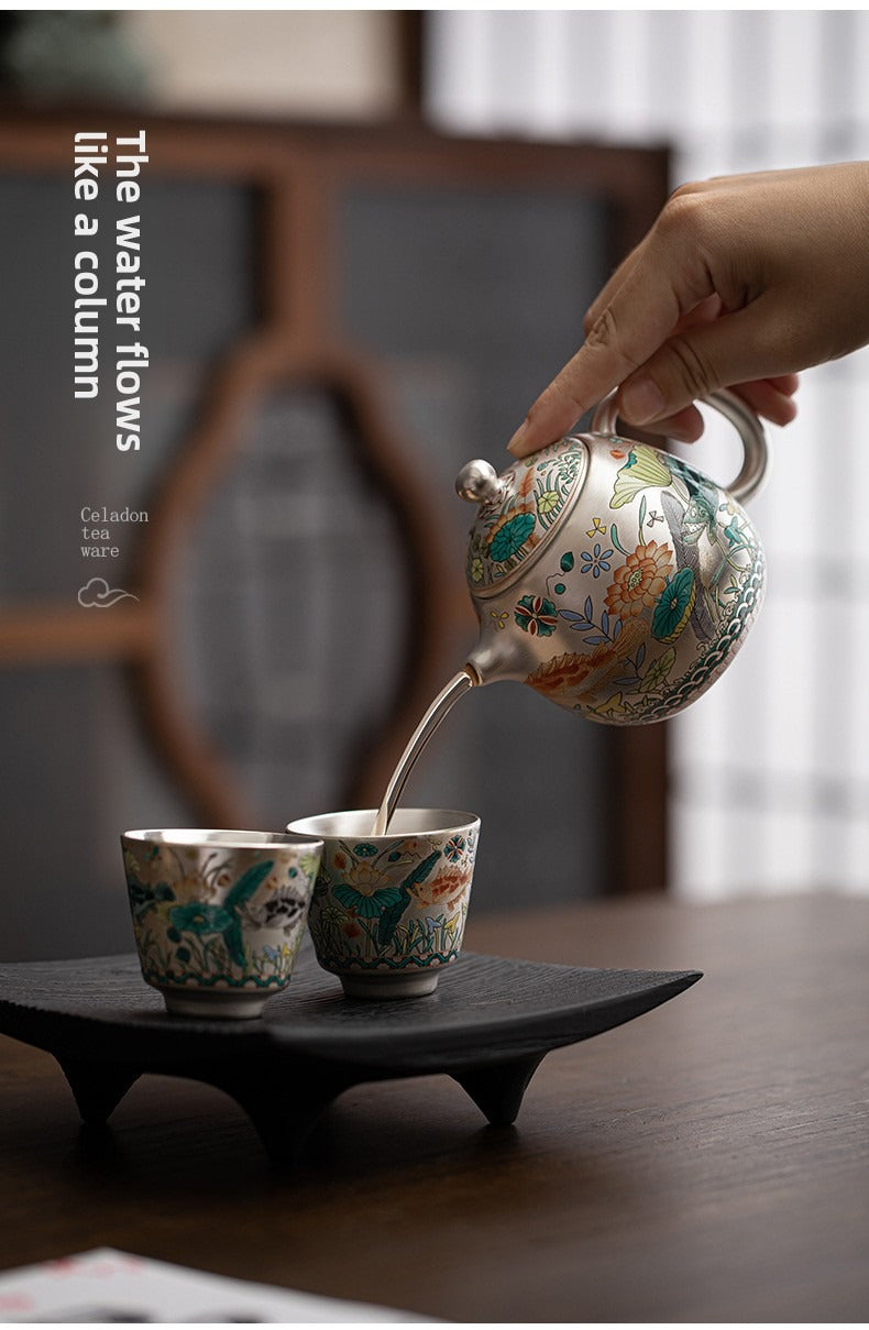 Silver-Gilt Enamel Kung Fu Tea Set (Fish and Aquatic Plant Motif) – 1 Teapot & 2 Cups – Gift Box Set for Home or Office