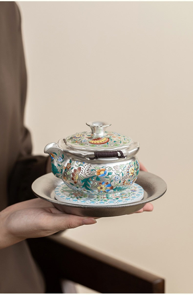 Forbidden City & Dunhuang-Inspired Silver-Plated Kung Fu Tea Set (1 Pot, 4 Cups) – Premium Gift for Elders or Teachers