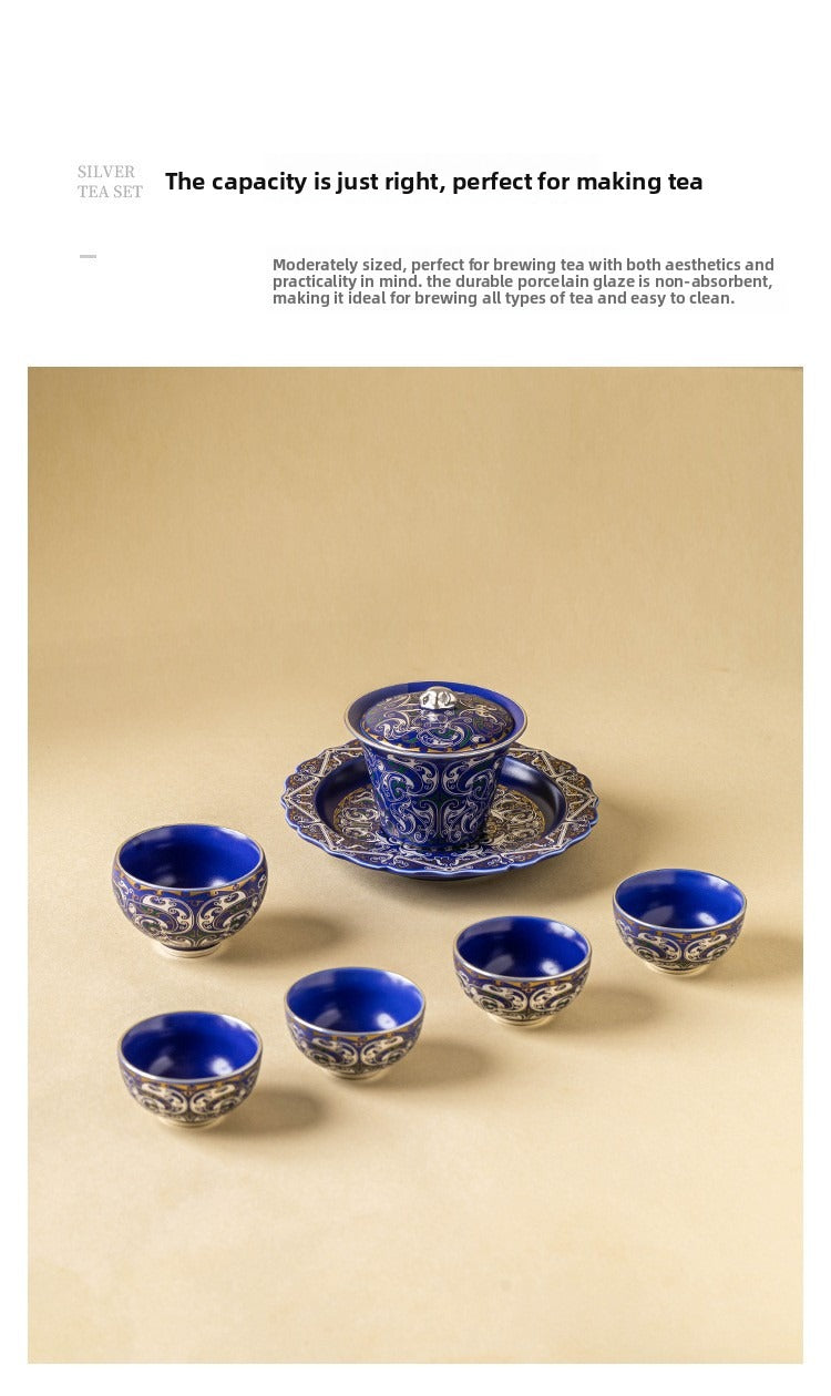 Silver-Plated Auspicious Dragon Kung Fu Tea Set – Premium, Affordable Luxury Style (Blue & Silver Finish) – Includes Gaiwan and Tea Cups – Gift Box – Ideal for Elders