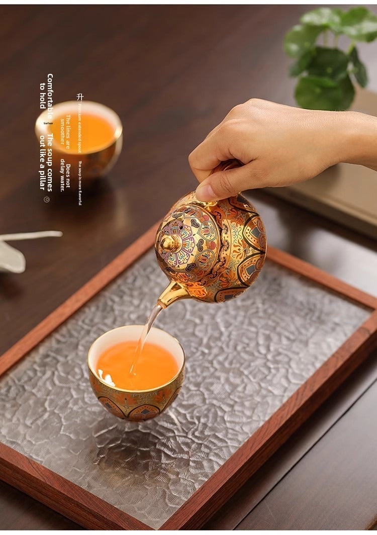 Premium Artisan-Crafted Tea Set (One Pot, Two Cups) Featuring Gilded Forbidden City & Dunhuang Cultural Motifs – Gift Box Set (Ideal Birthday Gift for Fathers or Elders)
