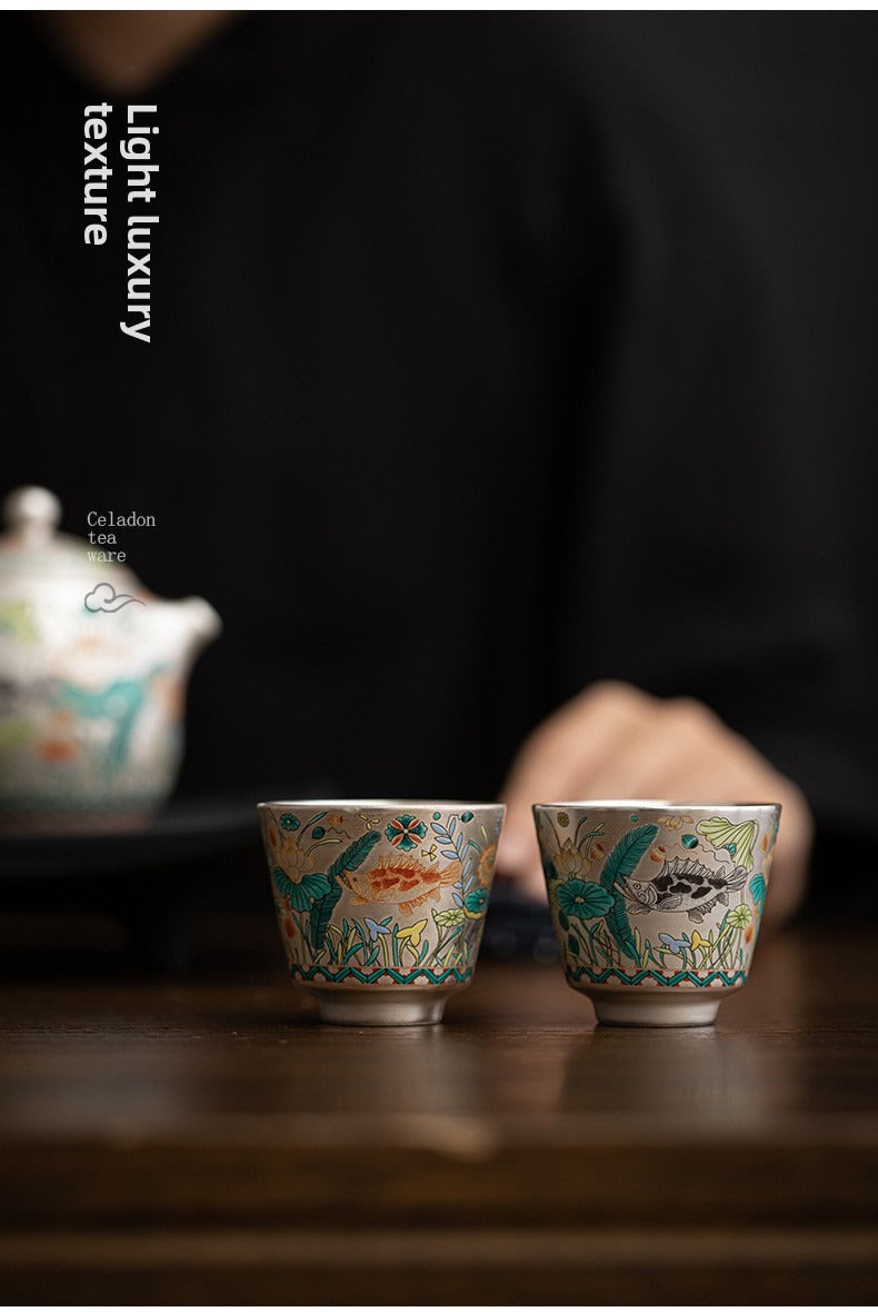 Silver-Gilt Enamel Kung Fu Tea Set (Fish and Aquatic Plant Motif) – 1 Teapot & 2 Cups – Gift Box Set for Home or Office