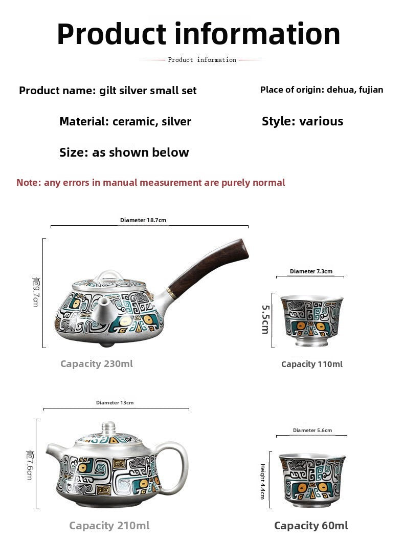 Master-Crafted Portable Japanese-Style Tea Set (1 Pot, 4 Cups) – Pure Silver & Ceramic with Taotie Motif – Suitable for Home & Travel