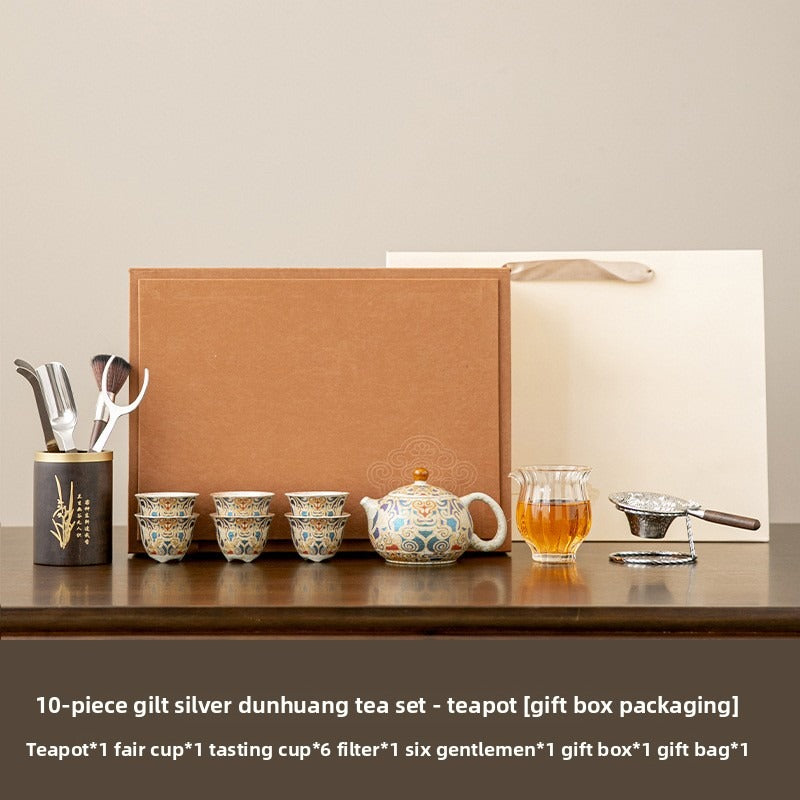Premium Chinese-style Dunhuang-inspired silver-plated Kung Fu tea set; a high-end, vintage-style, "quiet luxury" gift box set suitable for brewing and enjoying tea—collector's grade.