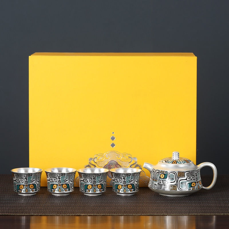 Master-Crafted Portable Japanese-Style Tea Set (1 Pot, 4 Cups) – Pure Silver & Ceramic with Taotie Motif – Suitable for Home & Travel