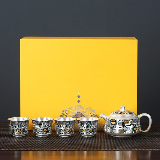 Master-Crafted Portable Japanese-Style Tea Set (1 Pot, 4 Cups) – Pure Silver & Ceramic with Taotie Motif – Suitable for Home & Travel